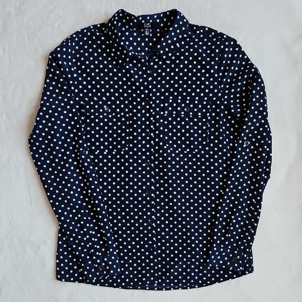 Chic By Jacob Navy Polka Dot Shirt Size SM